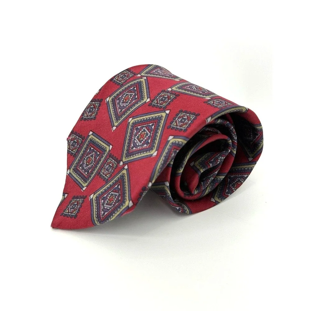 VTG Austin Reed Regent Street Silk Tie Red Geometric Pattern‎ Made in Italy 57